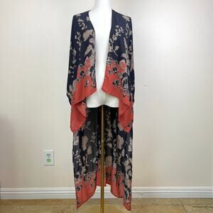 BLVD Black Floral Long Draped Kimono with Coral Trim